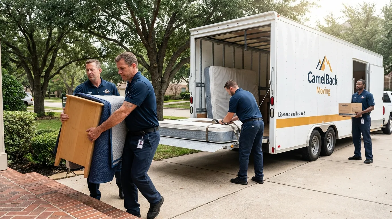 Crew loading residential truck for cross-state move from Nolanville, TX