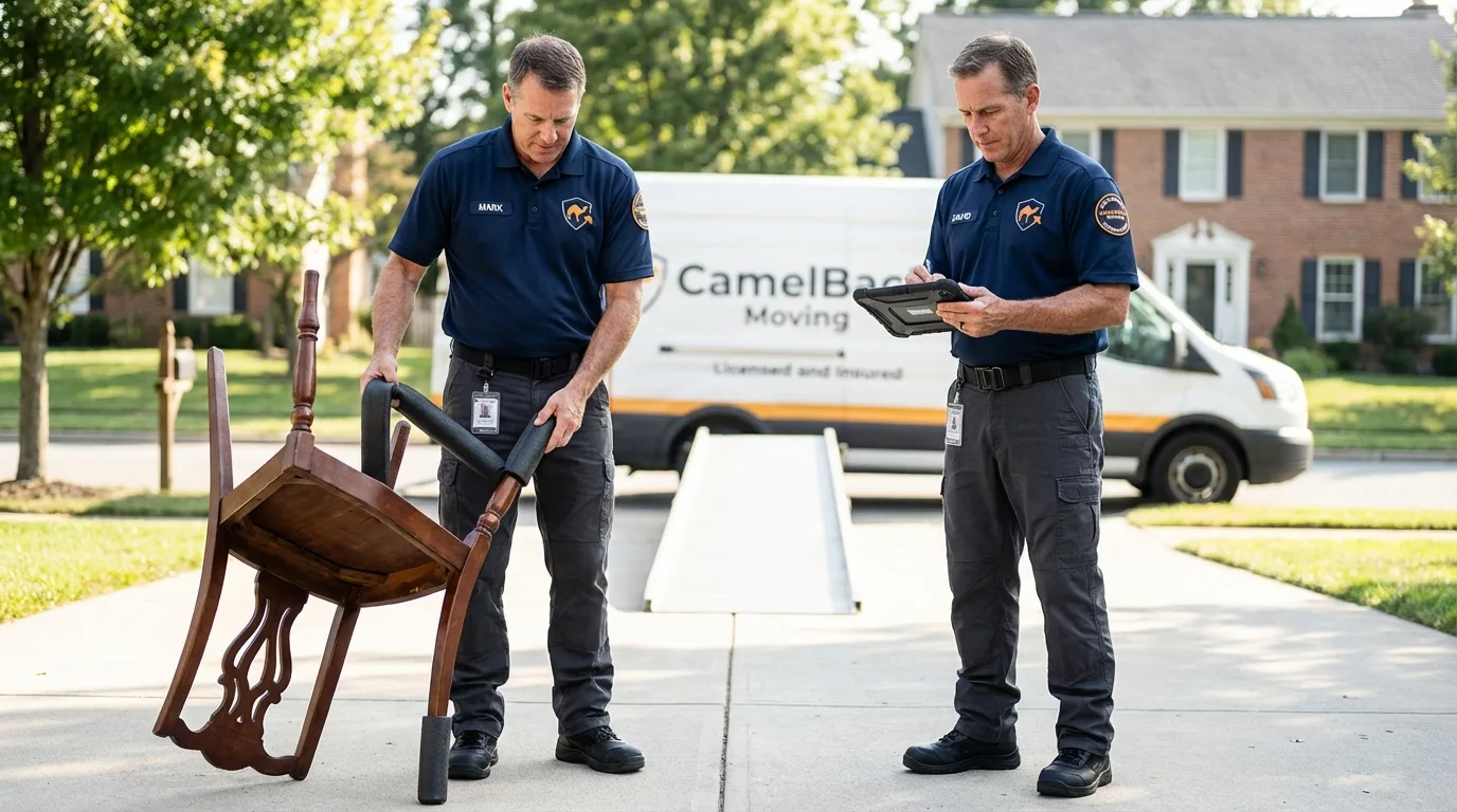 Movers inspecting furniture for damage prevention before loading in Nolanville, TX