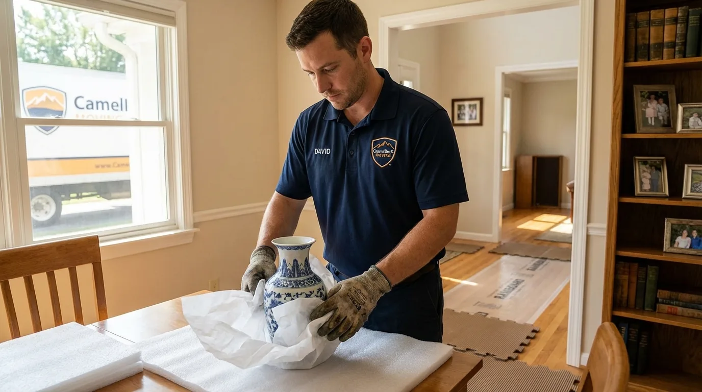 Professional crew carefully wrapping antique vase for senior downsizing move in Nolanville, TX