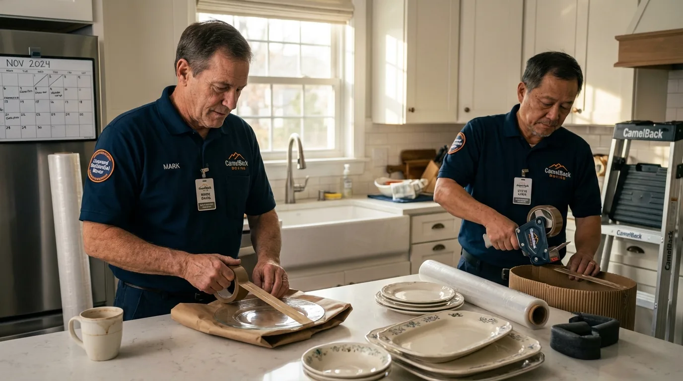 Professional crew packing kitchen dishware in Nolanville, TX